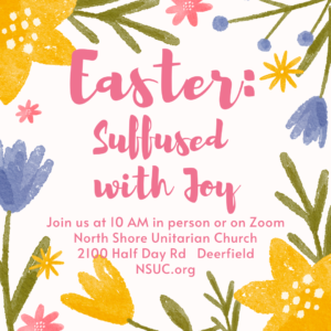 Happy Easter graphic, with information to join us at 10am on Sunday March 9th, either via zoom or in person